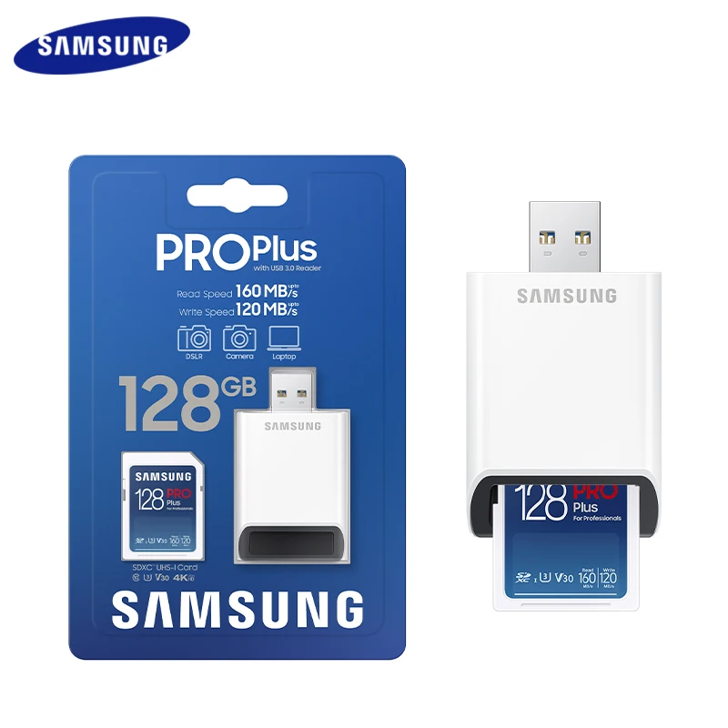 SAMSUNG SD Memory Card PRO PLUS with USB Reader 128GB 256GB V30 U3 SDXC Card for Camera UHS-I SD Card Up to 180Mb/s