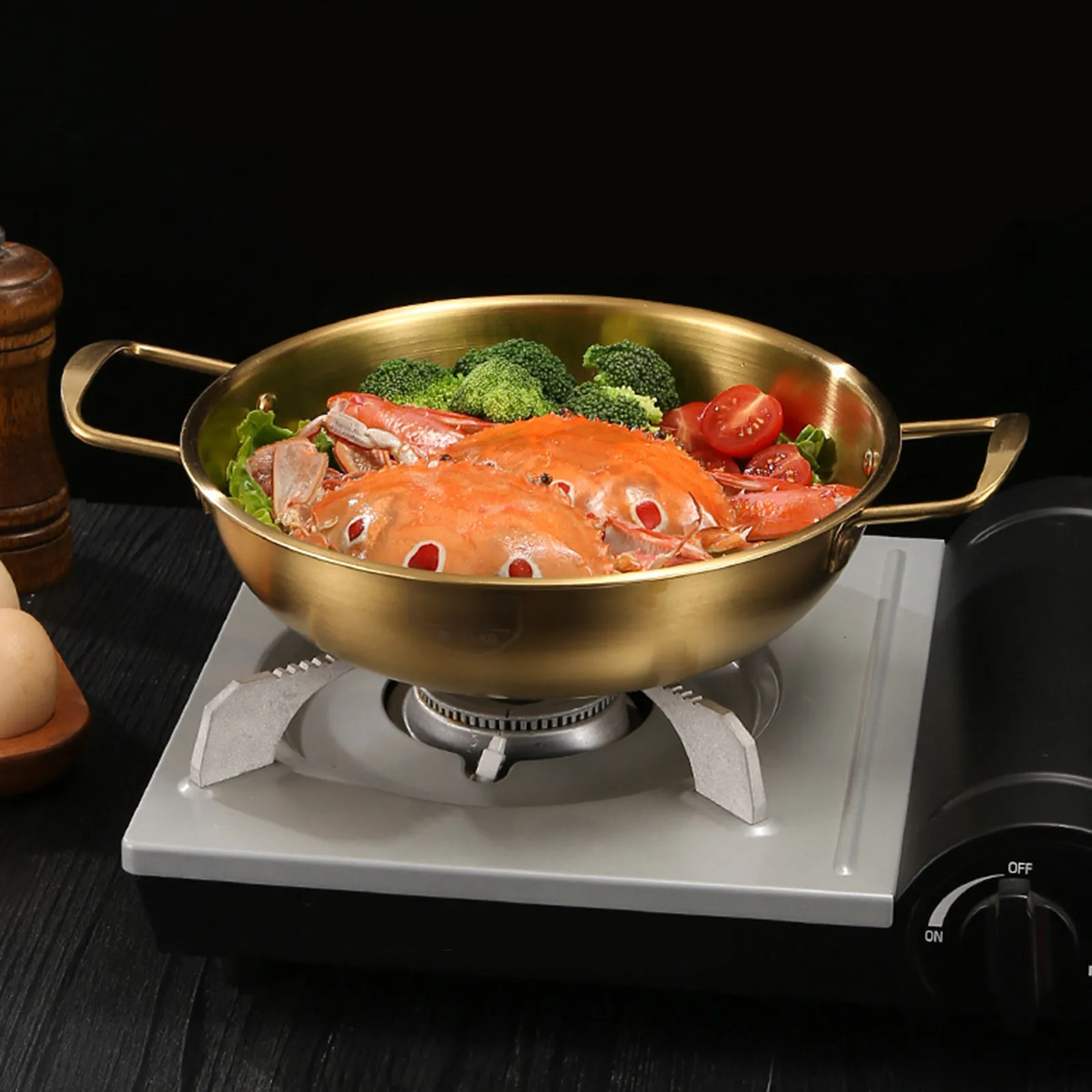 Olla de acero inoxidable para fideos instantáneos, olla individual para hot pot, olla dorada de doble asa con fondo plano, olla seca para el hogar, olla de gas para sopa de marisco