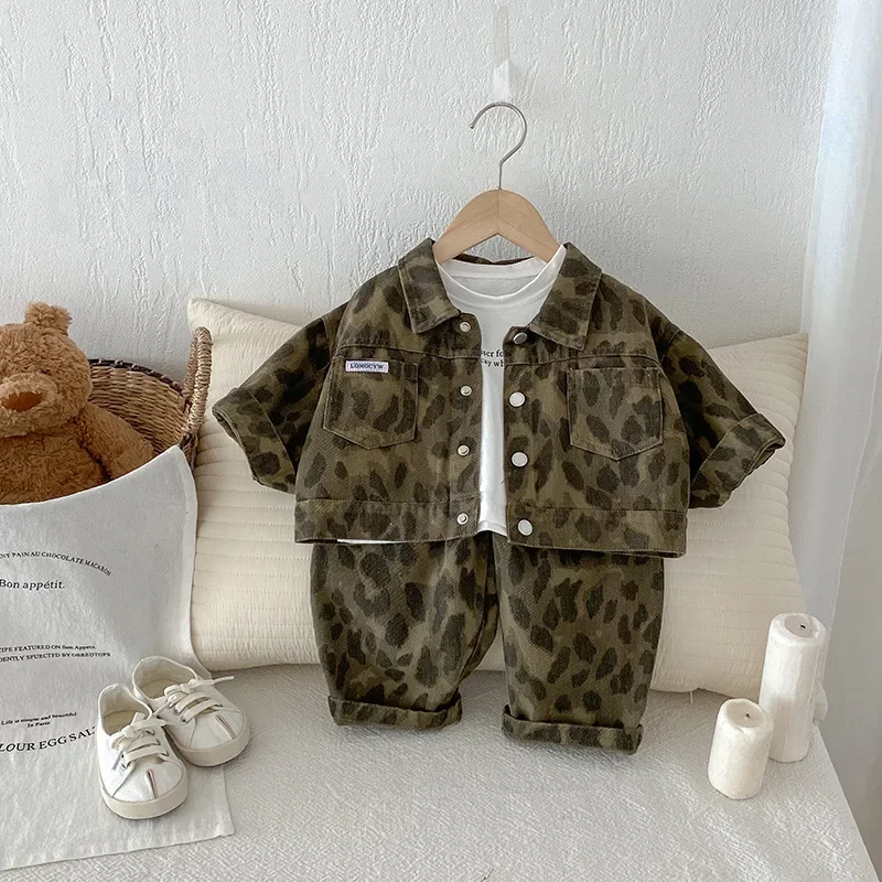 Children Clothing Boys Handsome Coat Casual Pants Two Piece Set 2024 Spring Autumn New Boys Baby Fashion Leopard Print Suit