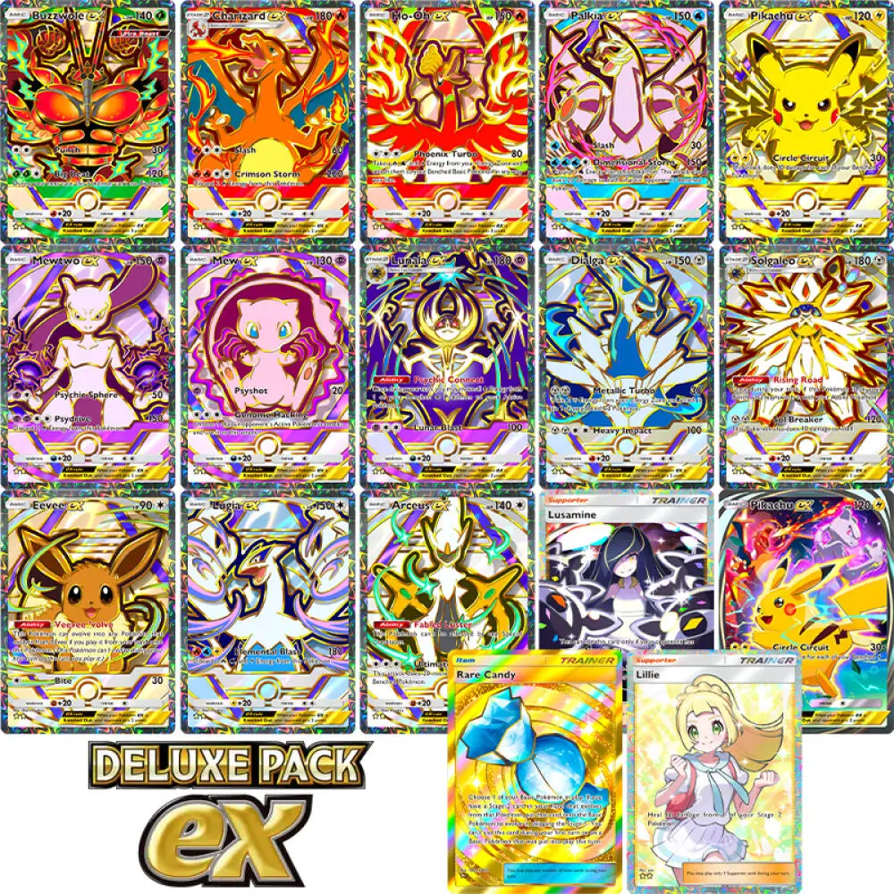 

Pokemon English PTCG Card Deluxe Pack: EX Charizard Ho-OH Mewtwo Pikachu Lillie Eevee Single Card Коллекционные карты аниме в подарок