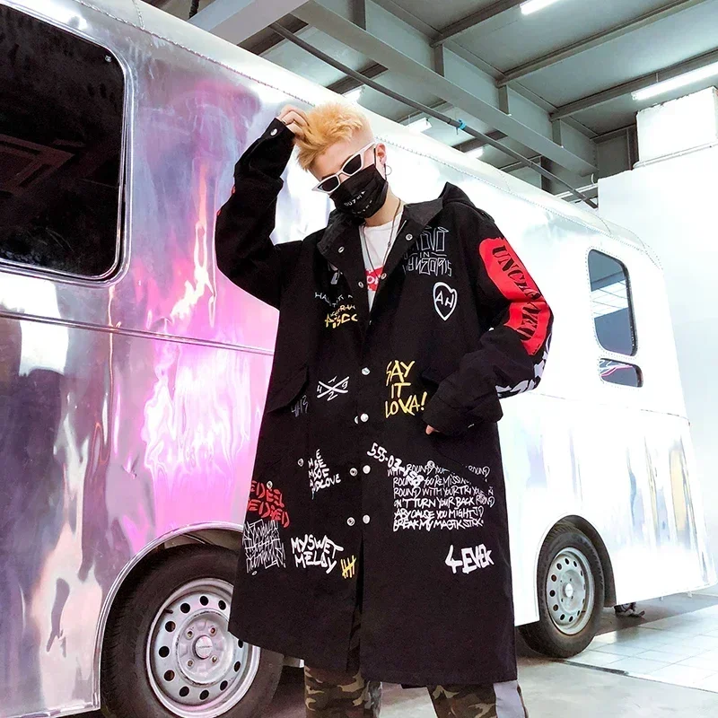 Letter Print Jacket for Men Graffiti Trench Coat Hip Hop Clothing Teen Autumn Fashion Trend Harajuku Streetwear Long Windbreaker