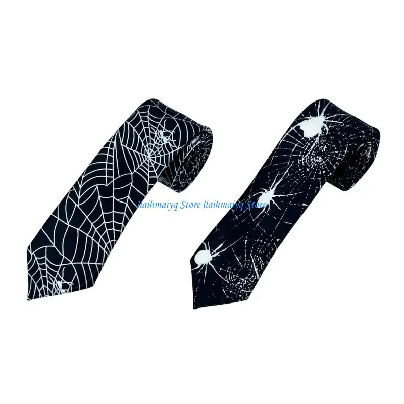 573B Spiders Web Pattern Necktie Halloween Theme Neckwear Accessory For Adult Kids Holiday Celebration Photography Neckpiece