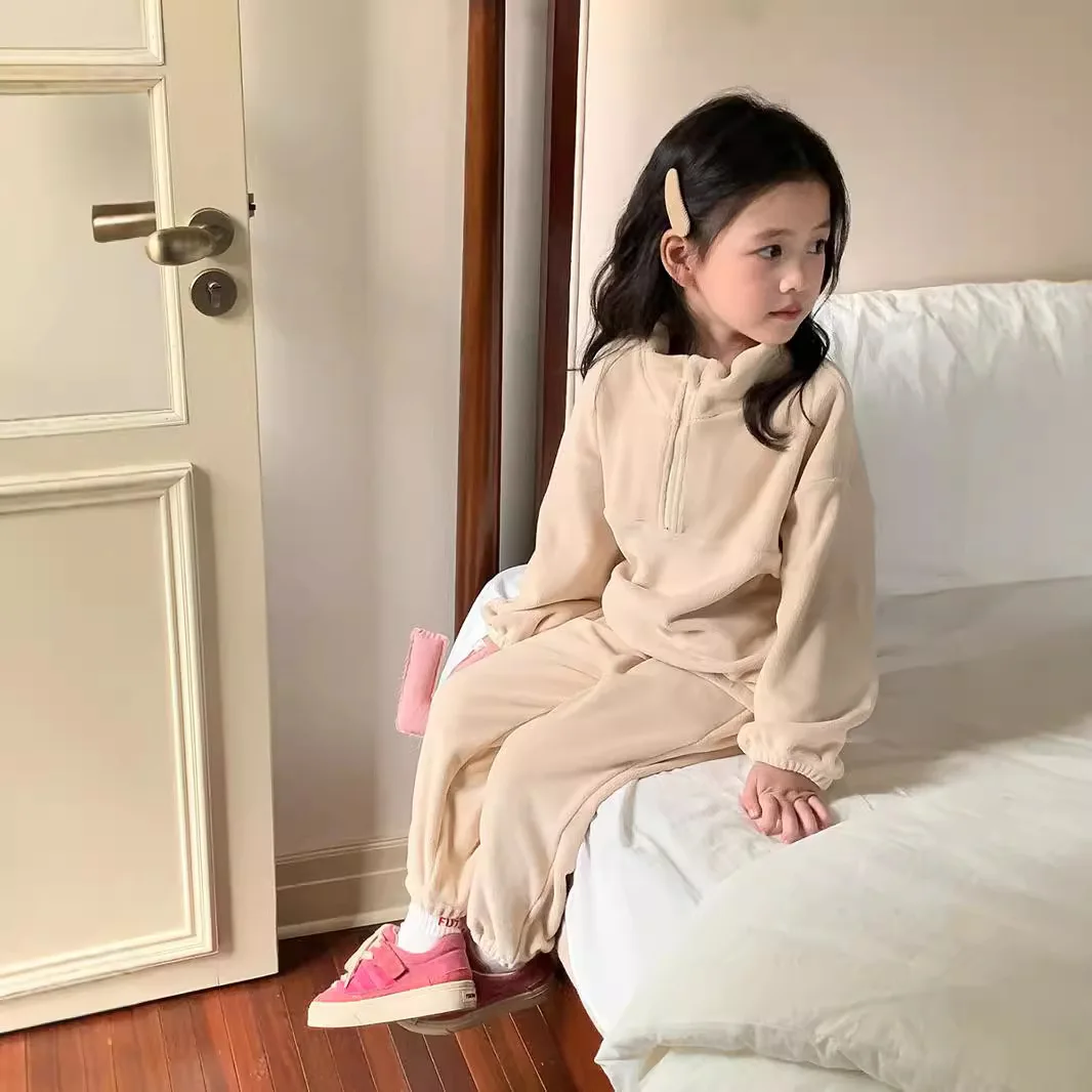 Autumn Toddler Girl Two-piece Clothes Set Cotton Solid Fleece Infant Baby Girl Sweatshirt Loose Velvet Sports Pant Kid Girl Suit