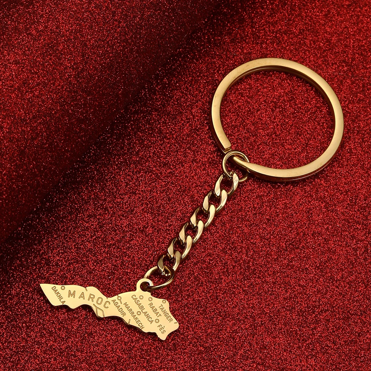 Stainless Steel Maroc Map Cities Name Keychain Gold Color Jewelry for Women Men Morocco