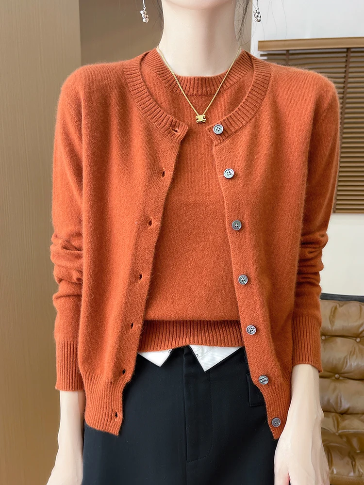 Women O-neck Cardigan Short Sleeve Pullover Wool Suit Autumn Winter Preppy Style Cashmere Sweater 100% Merino Wool Knitwear Tops