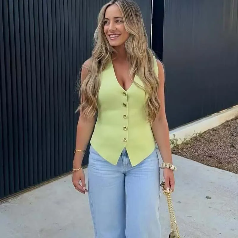 

YENKYE Высококачественный женский элегантный вязаный жилет без рукавов с v-образным вырезом и разрезом на пуговицах спереди, повседневный летний топ на бретелях, шикарные женские топы