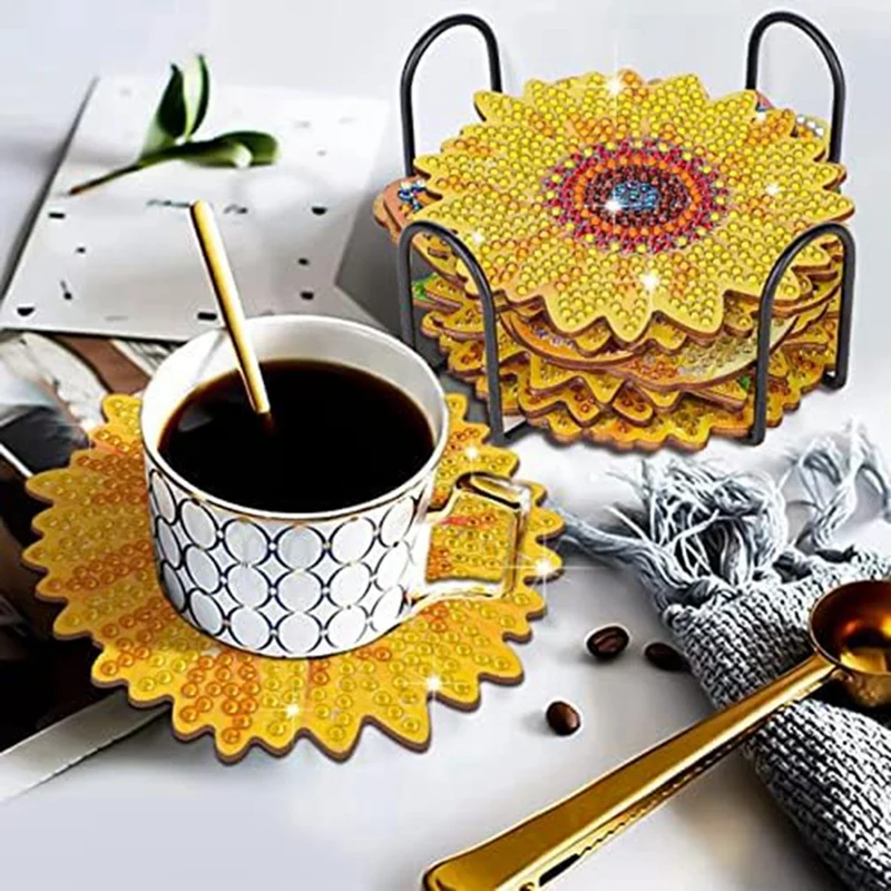 Juego de posavasos de pintura de diamantes de girasol con soporte, adecuado para principiantes, adultos, Kit de suministros de Arte y manualidades