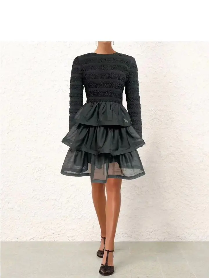 

Sweet Cake Dress 2024 Spring Summer European Round Neck Layer Ruffled Spliced Short Dress Female Mini Ball Gown Vestidos F359