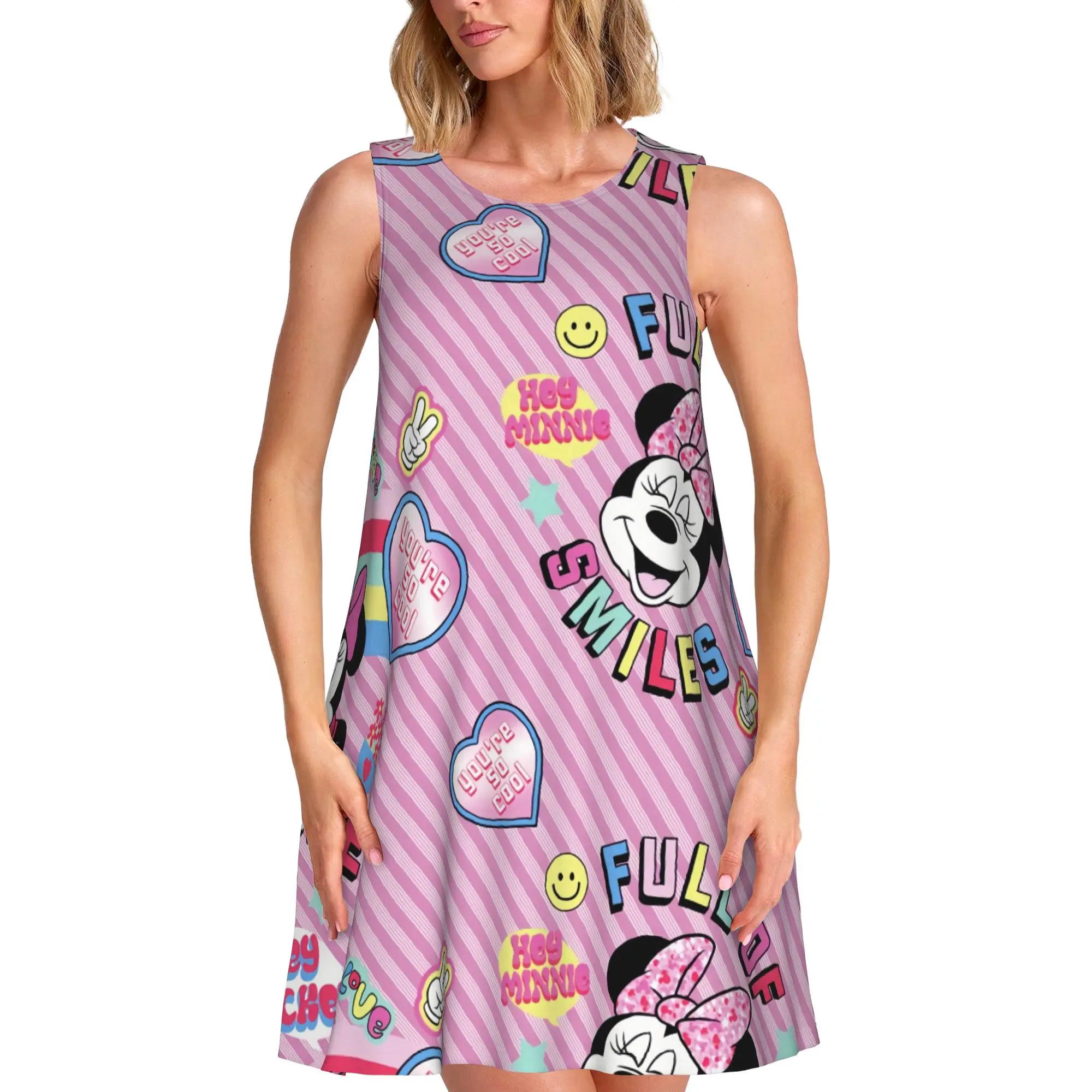 Летние женские платья с принтом Минни, платье без рукавов, повседневная юбка, повседневная базовая одежда