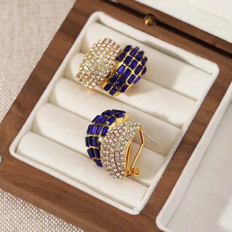 Europe and the United States hot-selling ear buckle women's copper plated 18k gold sapphire inlaid medieval earrings heavy