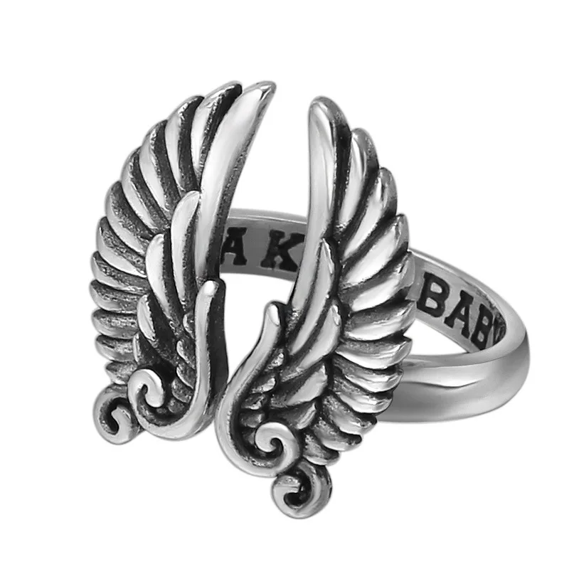 Wholesale s925 sterling silver retro thai silver angel wings ring fashionable simple trendyy stylish men's and women's ring view 4