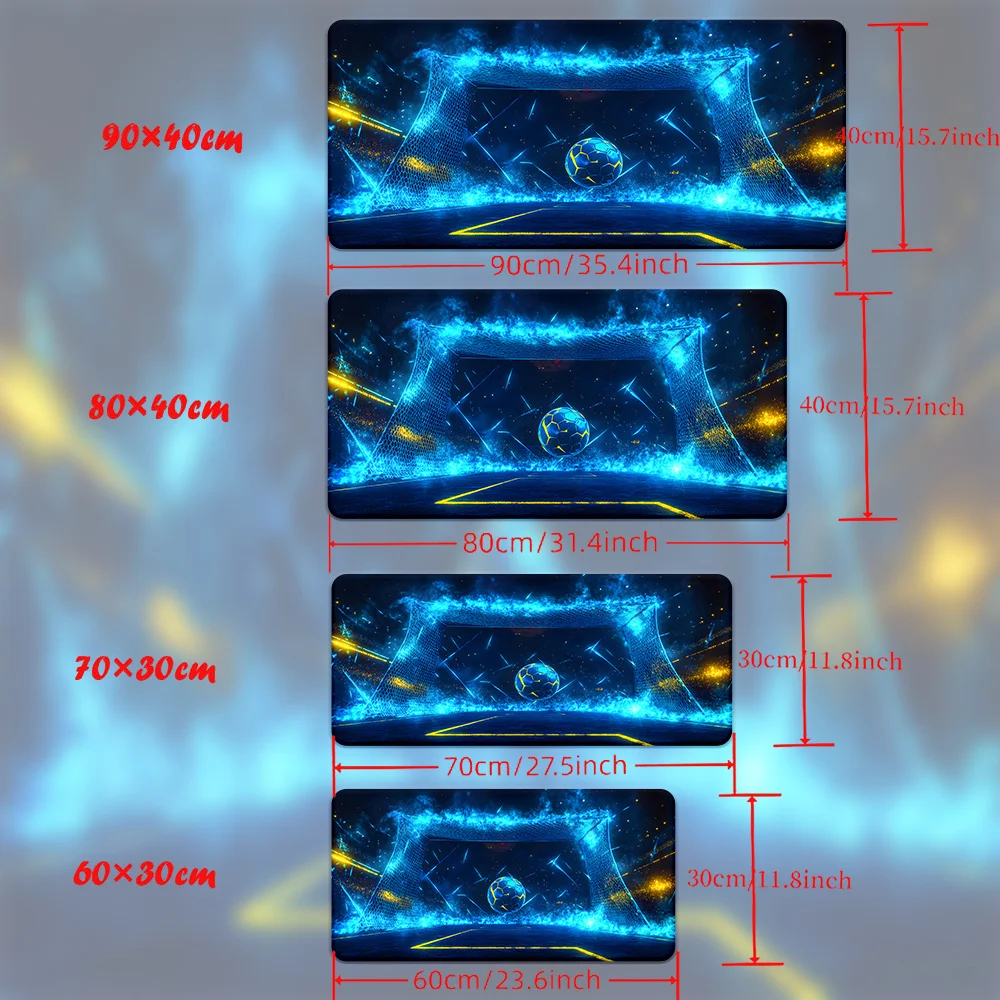 Alfombrilla de ratón para juegos |   Diseño vibrante de portería de fútbol |   Azul neón multicolor y amarillo |   Base de goma antideslizante |   Tapete de escritorio impermeable para