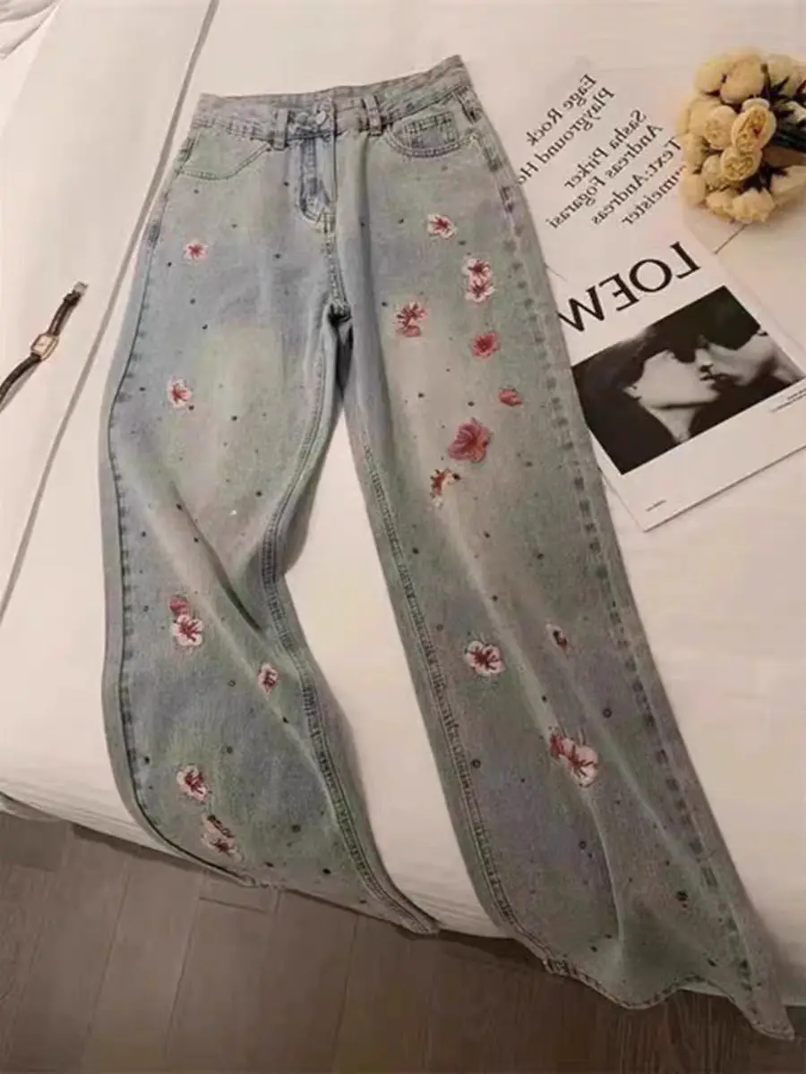 Embroidered cherry blossom jeans female summer new casual retro design high waist slim straight wide-leg pants. jeans woman