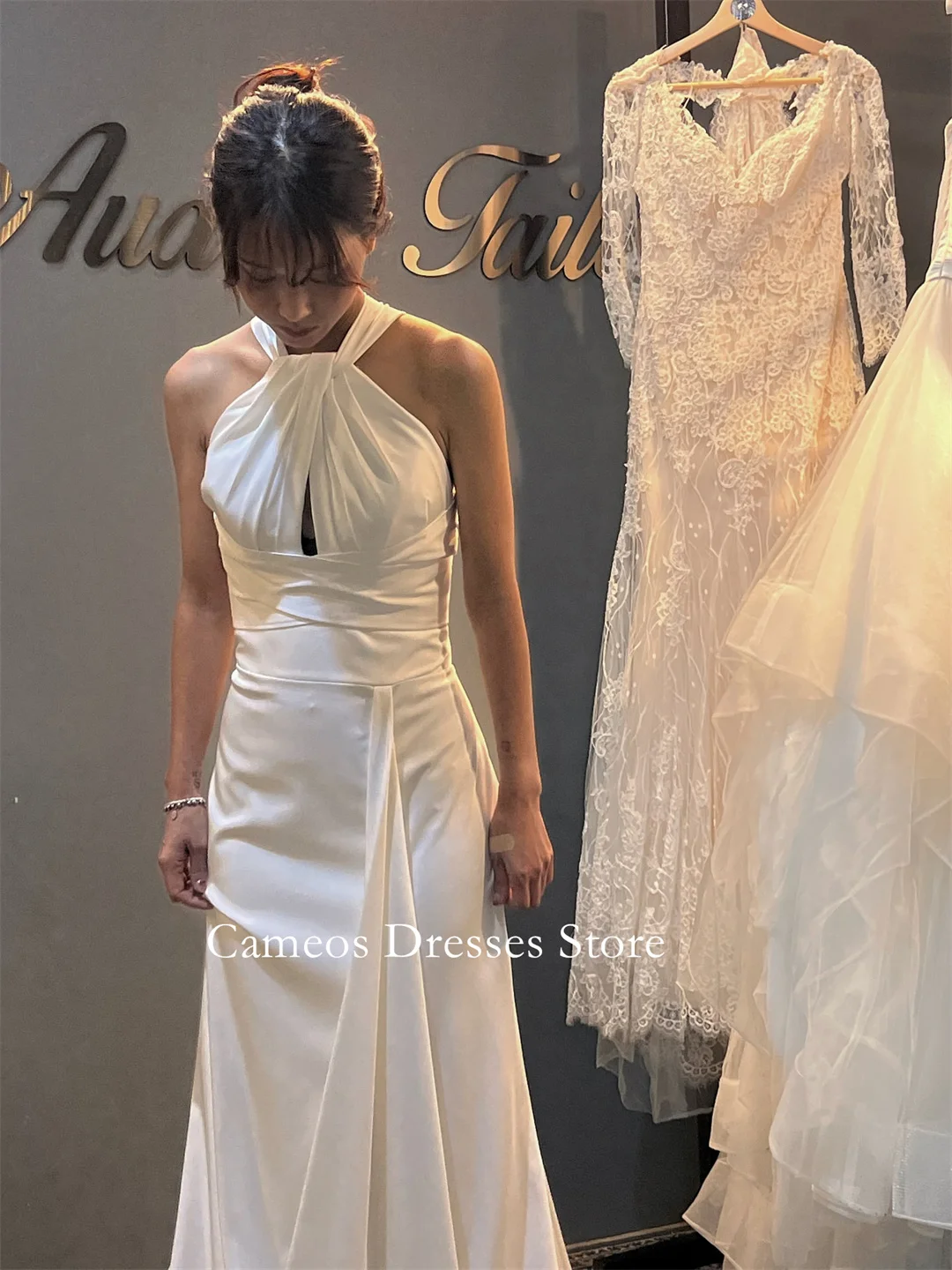 

SONDR Свадебные платья без рукавов с бретелькой на шее по индивидуальному заказу, труба-русалка, кружевное тюлевое платье невесты со шлейфом, женские свадебные платья