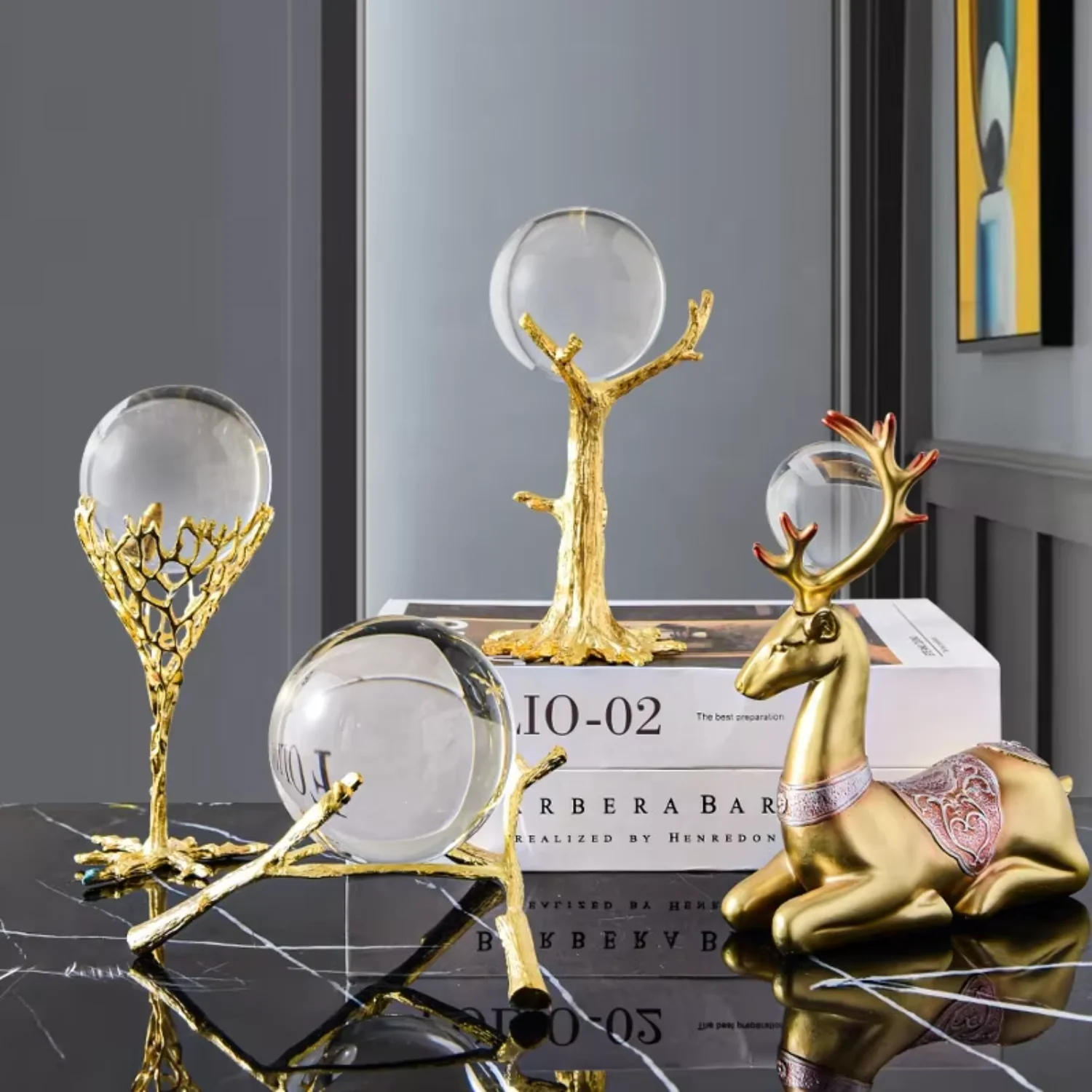 Decoration Interior Modern Table Accessories Deer Decoration  Gold Crystal Ball Metal Iron Decoration for  Room