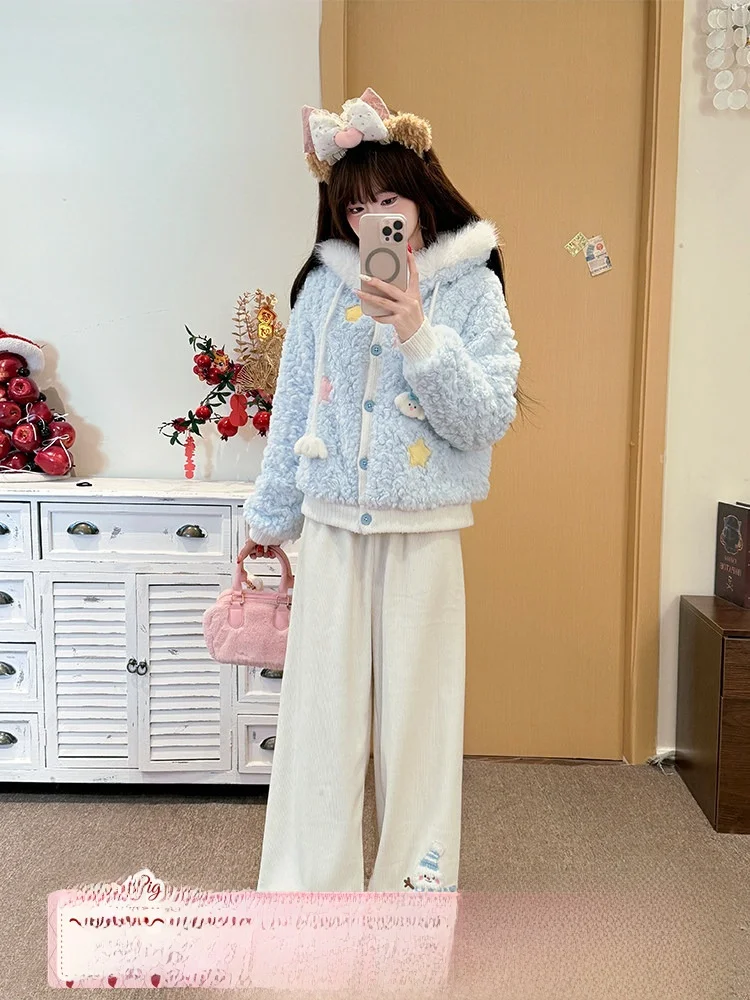 

Warmth Sweet Sle Blue Lamb Fur Jaet Women's Winter Coat with Hat Plu Collar Cotton Clothes Starlight Girl Fabric Pig