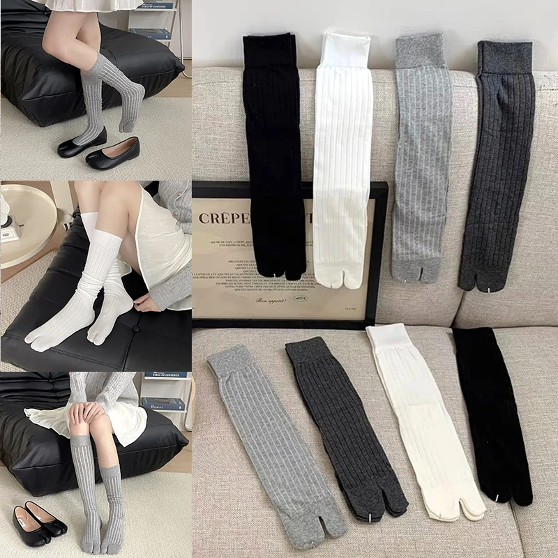 Cotton Split Toe Socks Two Toe Mid-calf Socks Calf Socks Autumn Winter Vertical Strips Japanese Tabi Socks Clogs Socks