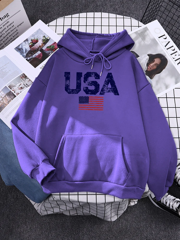 Usa Letters American Flag Stars And Stripes Women Hooded School Soft Sweatshirts Outdoor Casual Tracksuit Fashion Autumn Tops