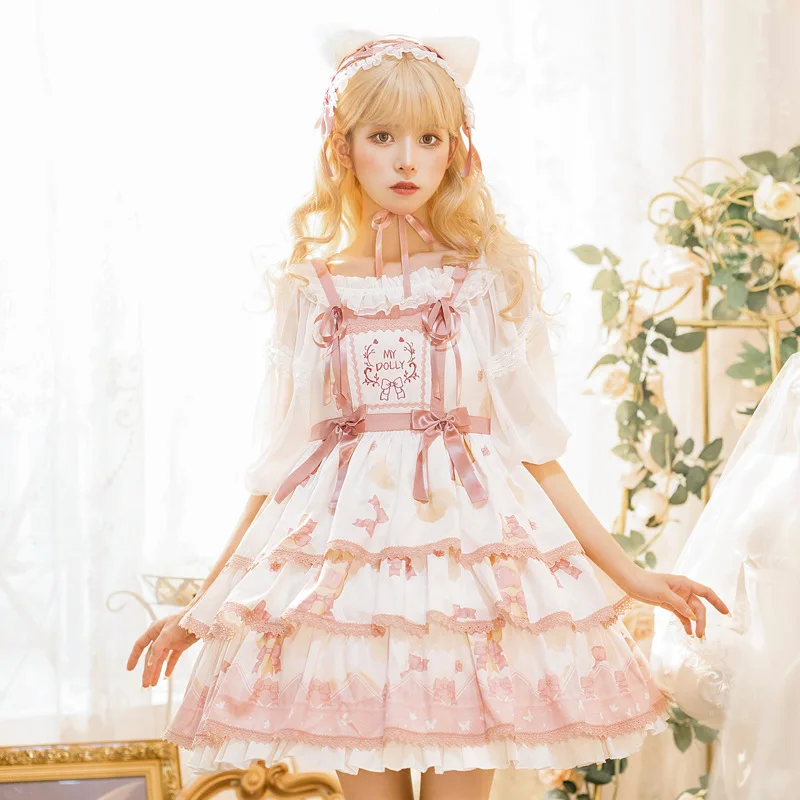 Japanese Style Sweet Cute Girl Lolita JSK Dress Letter Embroidered Bow High Waist A-line Printed Short Cake Dress Women Summer