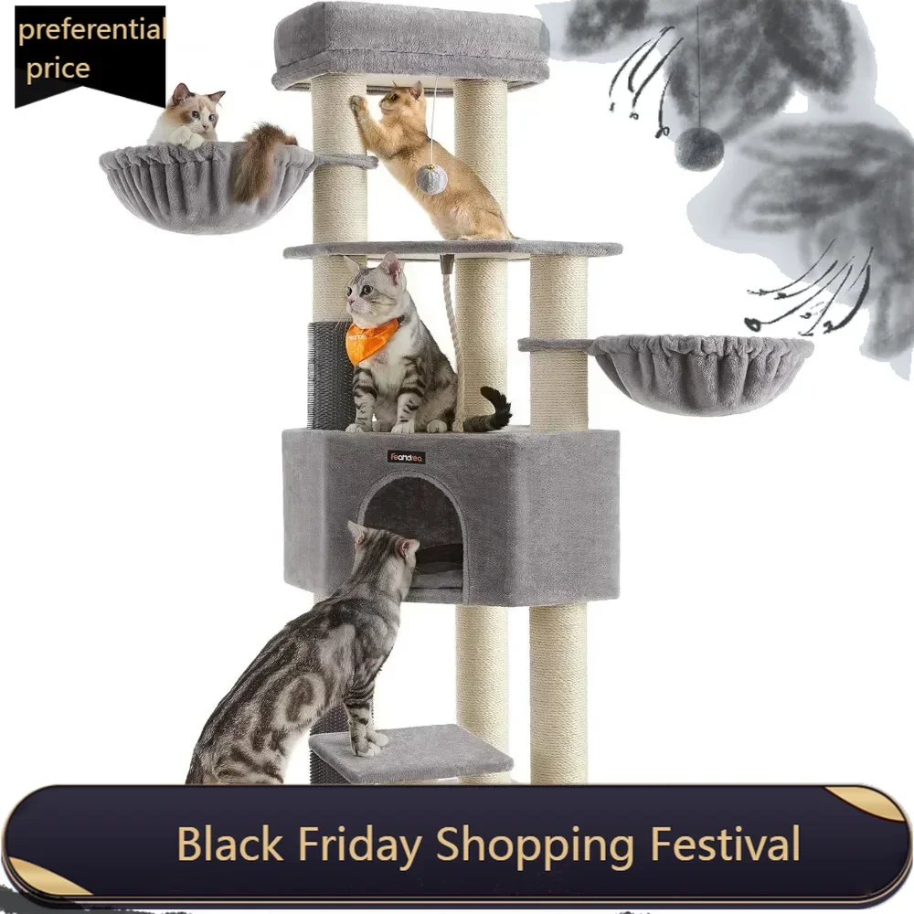 63-Inch Heavy-Duty Cat Tower with Self-Warming Pads,9 Scratching Posts, Large Perch, Cave, and Baskets,Dove Gray and Cream White