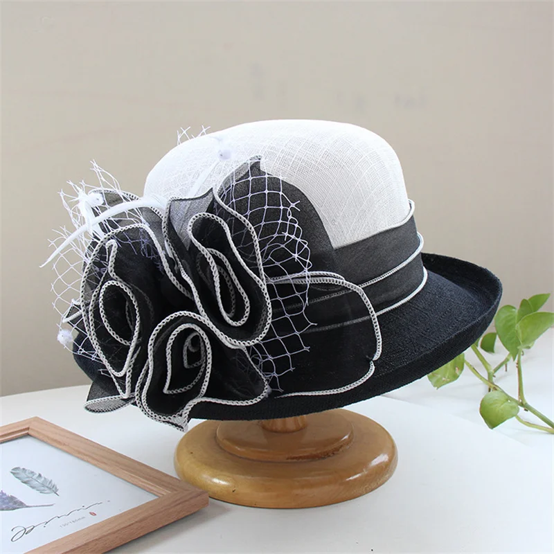 British Lady Deby Race Fedora Hat Summer Church Elegant Sinamay Flower Linen Sun Cap Women Vaction Curl Brimmed Cloche Hats