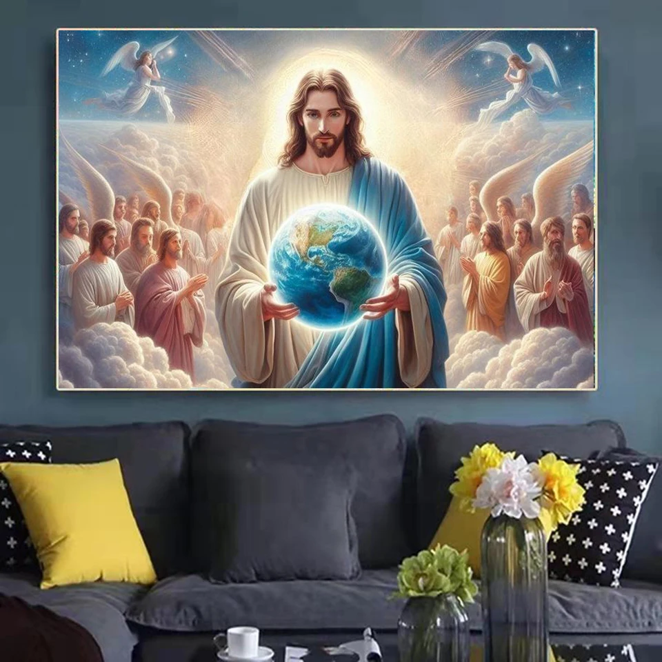 5D DIY Diamond Painting Kit Jesus and Earth Religious Wall Art,Cross Stitch Embroidery Handmade Diamond Mosaic Art Gift