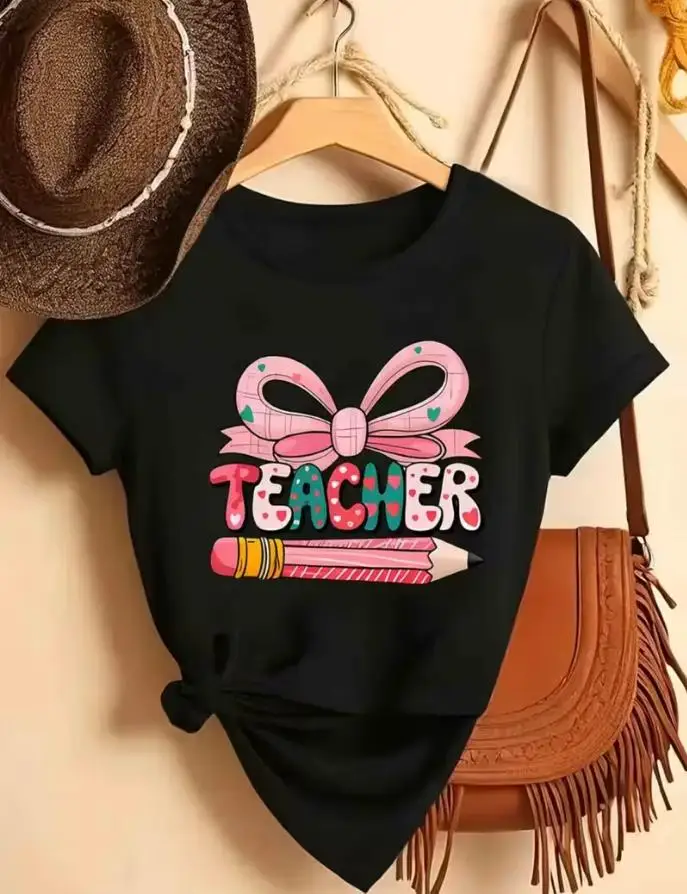 Women Cute Coquette Bow Teacher Graphic T Shirt Pencil Print Round Neck Short Sleeve Loose Soft Tee Back To School Teacher Appreciation Gift Top