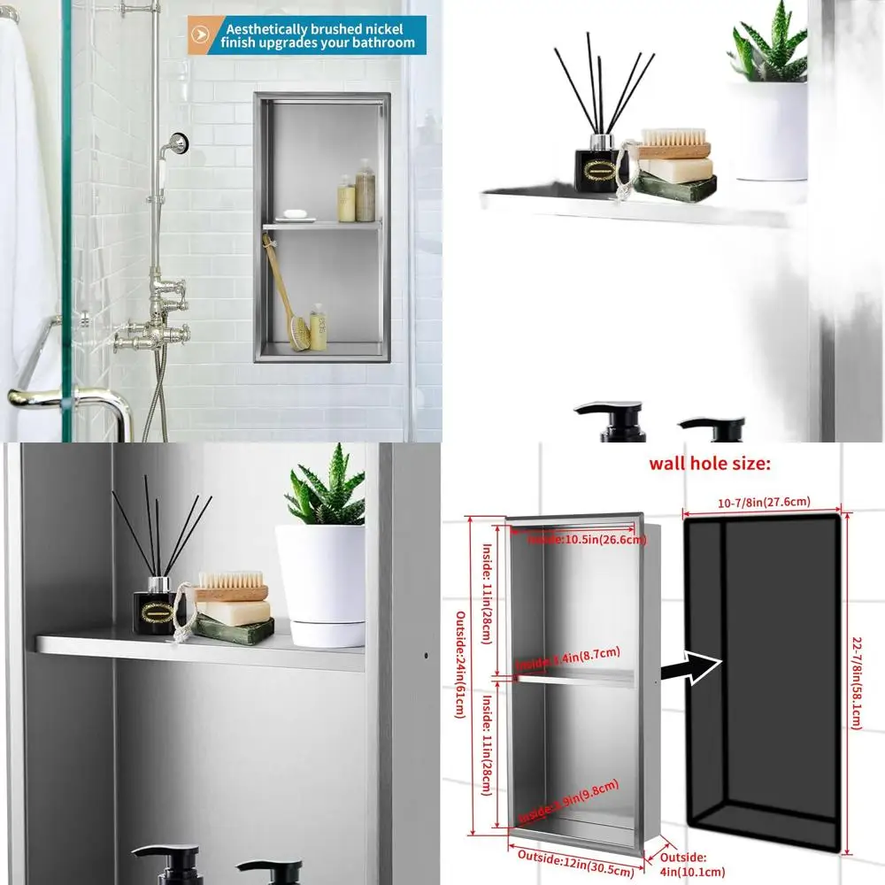 

12 x 24 Shower Niche with Divider, Brushed Stainless Steel Shelf Insert, Double Recessed Caddy for 10-7/8 x 22-7/8 Wall Opening