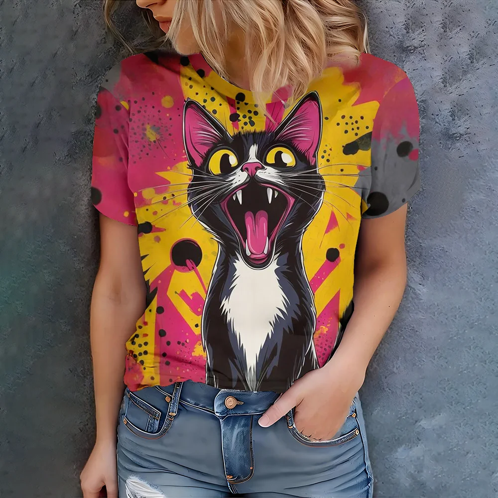 

Women's summer hot T-shirt casual elegant fashionable abstract black cat 3D printed women's round neck short sleeved top