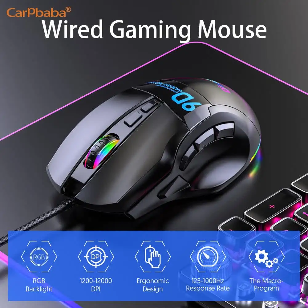 

12000 DPI Gaming Mouse 9 Buttons LED Optical USB Wired Mice Wired Bulk Computer Accessories RGB Esports Grade For High Quality