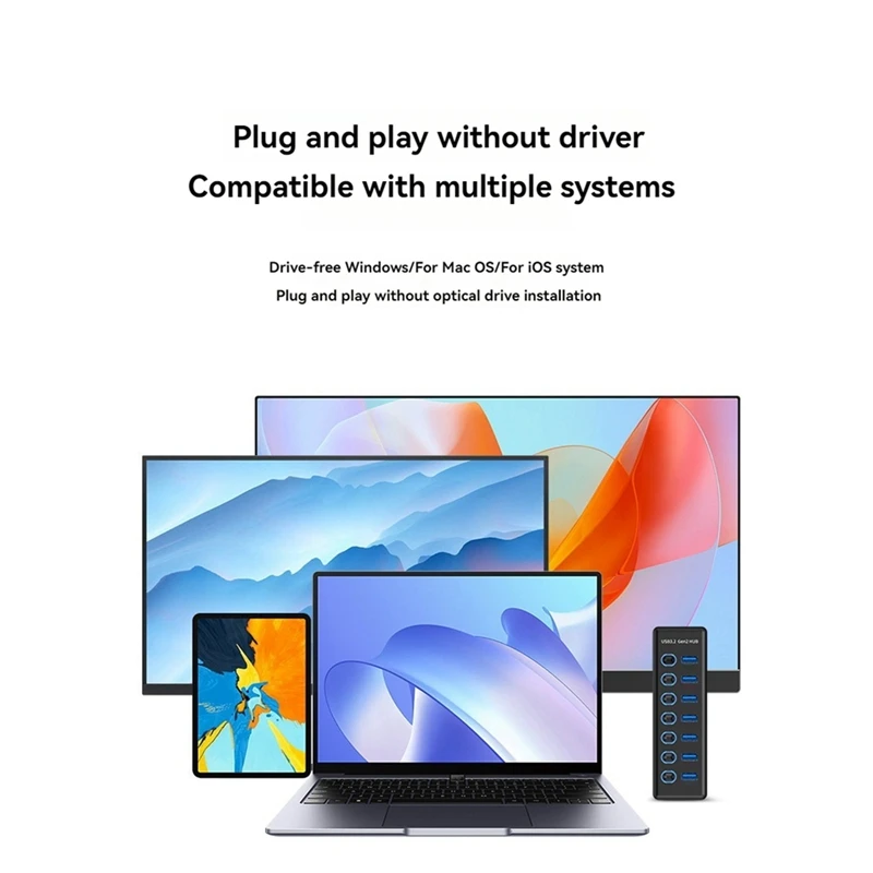 7 Port USB3.2 Gen2 HUB 10Gbps USB 3.0 Hub With Individual Switch Control LED Indicator With Power Adapter US Plug