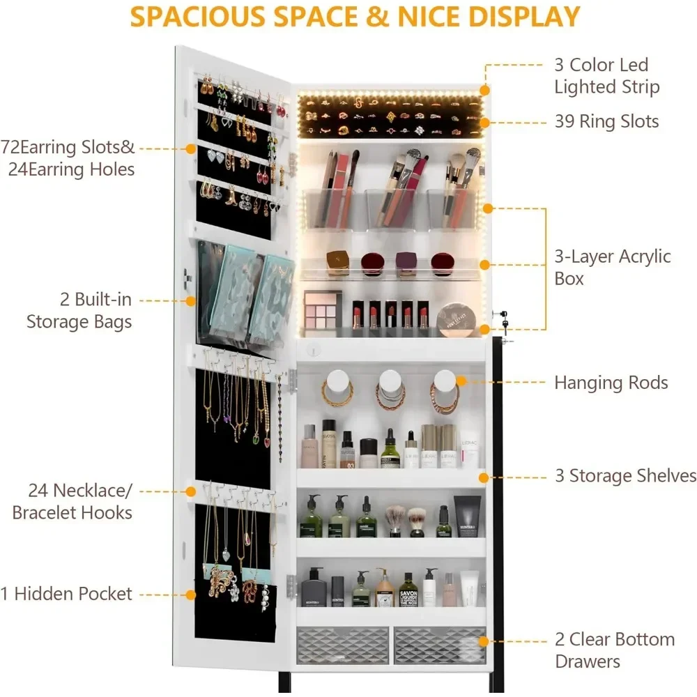 Comprimento total Espelho com Pé Armário, Jóias Cabinet, Standing Espelho, 42,5 polegadas, 3 LEDs