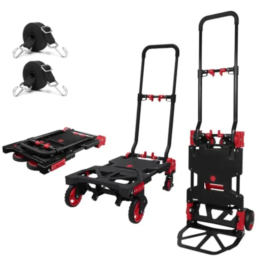 Folding Hand Truck 330lbs Ccity Heavy Duty Dolly Cart with 2 Elastic Bungee Ropes 4 Rubber Wheels Retractable Handle Convertibl