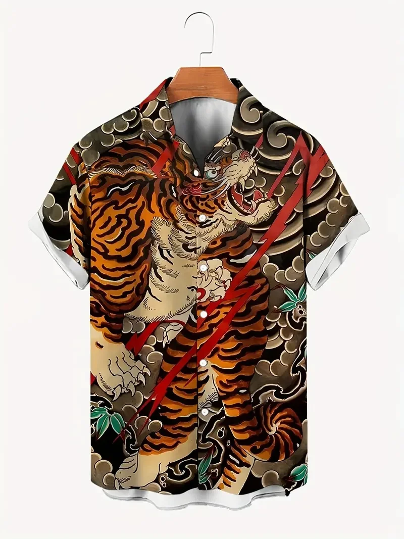 Men\'s fashionable Hawaiian lapel pattern shirt, fashionable ink animal Chinese dragon pattern print suitable for summer vacation