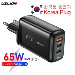 USLION 65W USB Type C GaN Charger For Laptop Tablet Macbook Korea Plug PD Fast Charging For iPhone 14 13 12 Pro Max Samsung POCO