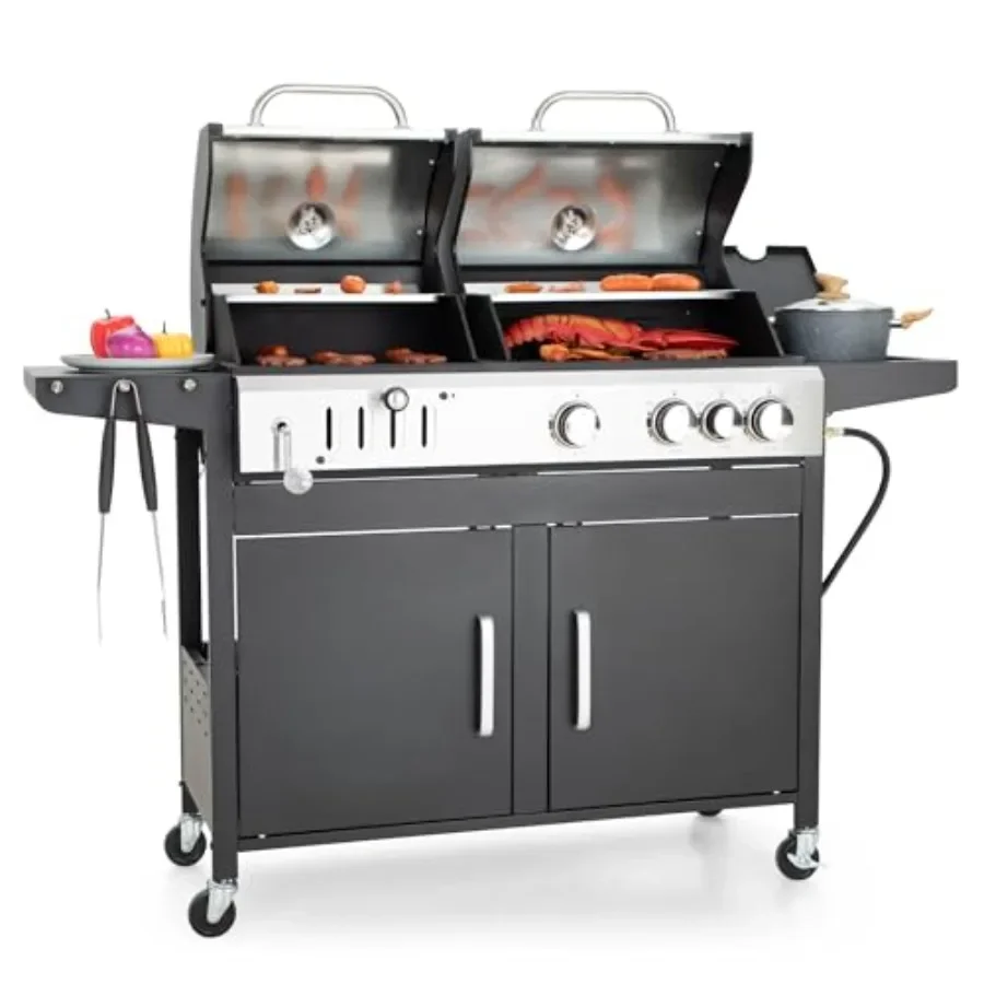 

Outdoor BBQ grill with porcelain-enameled cast iron grate, propane-powered side burner, dual fuel capability, black finish, 690