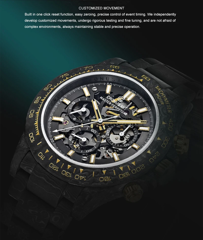 

CRONUSART Мужские автоматические часы 42 мм хронограф с автоподзаводом Механические наручные часы Корпус и ремешок из углеродного волокна Светящийся сапфир