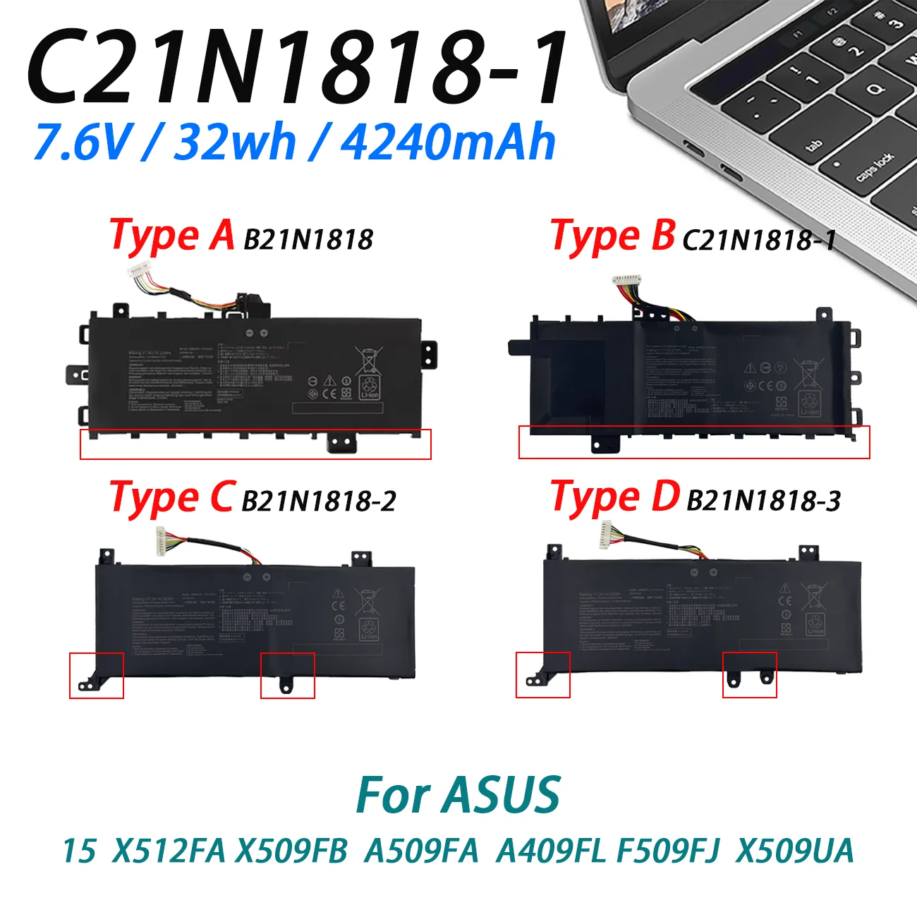 Laptop Battery For ASUS C21N1818 B21N1818 B21N1818-1 B21N1818-2 B21N1818-3 15 X512FA X509FB A509FA A409FL F509FJ X509UA 32Wh