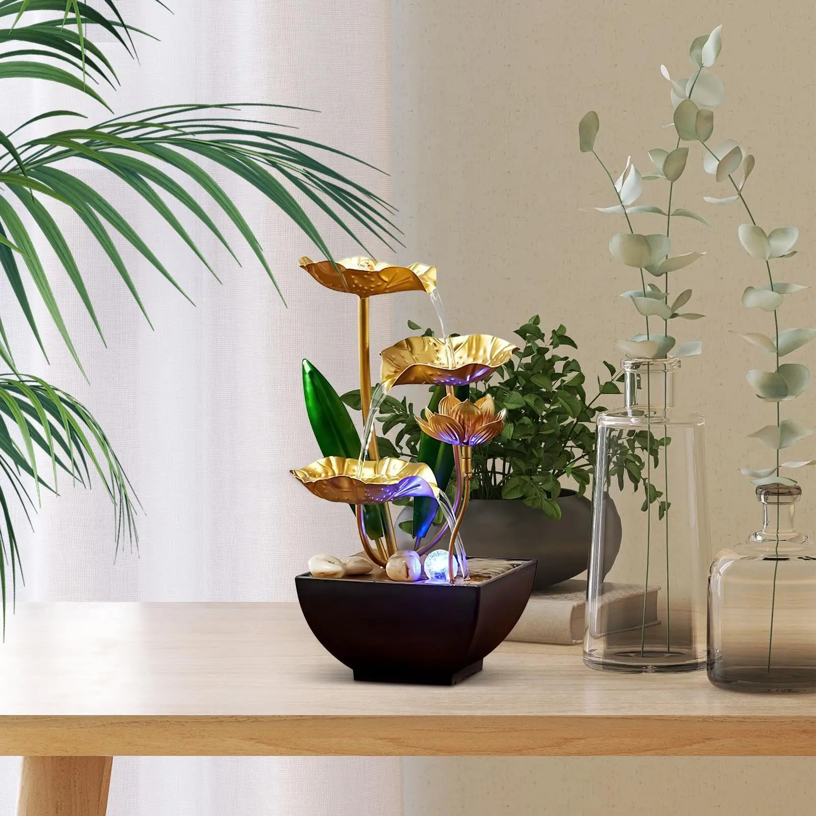 Small Water Fountain Zen Relaxation Led Light with Sounds Table Top Water Fountain for Office Living Room Hotel Bedroom