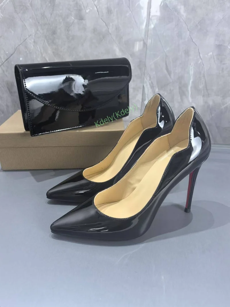 Classic Black Leather Woman Thin High Heels Pumps With Mini Bag Set Pointed Toe Lady Female Slip On Party Wedding Shoes With Bag