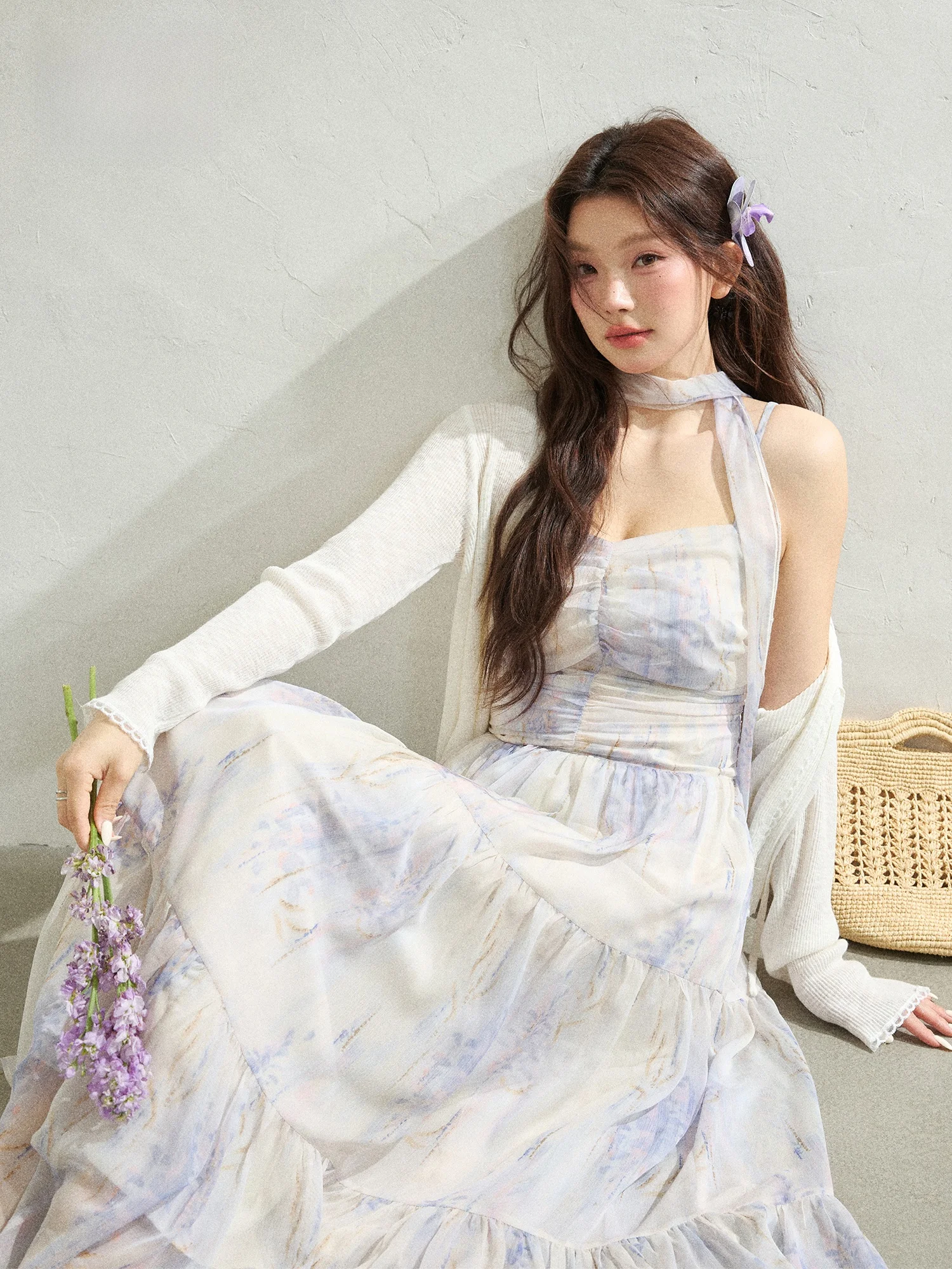 

plus Size Women's Gradient Color Dress with Sash Spring Summer Long Skirt Set Korean Style Slimming Light Purple Commute Wind