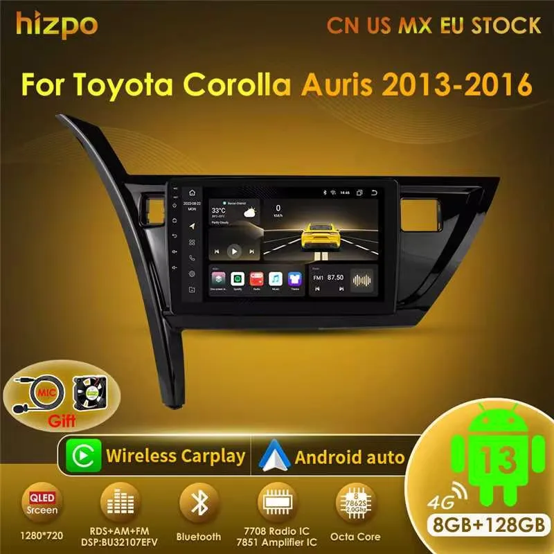 Hizpo 8+128G Car Radio Stereo For TOYOTA Corolla Auris 2013-2016 Wireless Carplay Android Auto Multimedia Player Stereo 4G 10.1