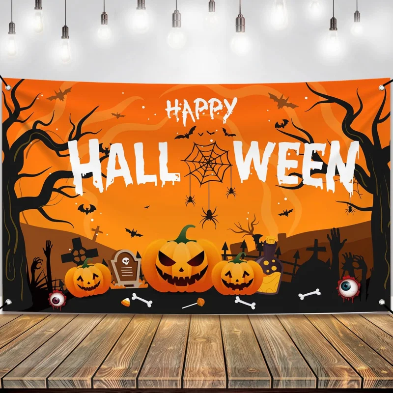 

Extra large happy halloween banner pumpkin spooky orange and black halloween party decorations