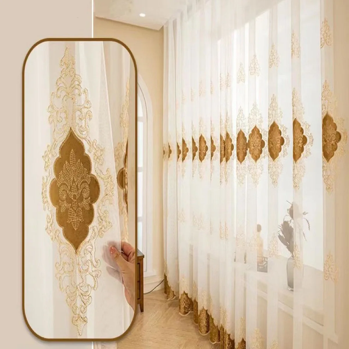 1pc Luxury Flocked Embroidered White Sheer, Gold Vintage Pattern Semi-Transparent Voile, European Court Style Ready-Made Drapes