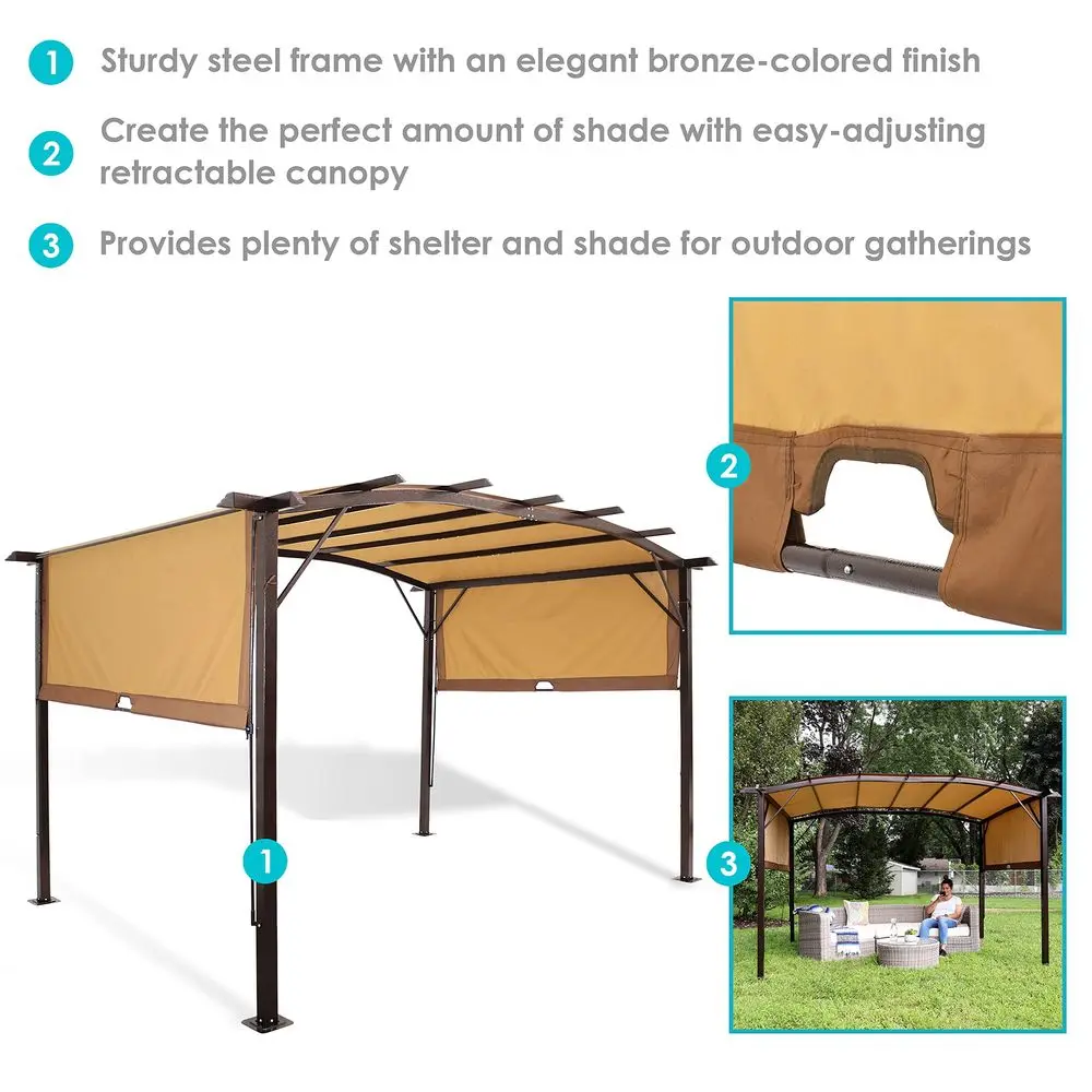 9 x 12 Outdoor Pergola with Retractable Canopy Outdoor Patio Pergola with Retractable Sun Shade Cover for Deck Tan