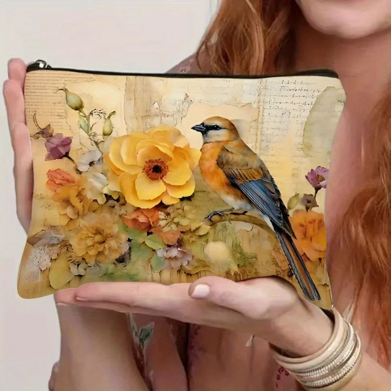 Kosmetyczka w stylu retro z kwiatowym wzorem i ptakami - urocza, wielofunkcyjna saszetka na zamek błyskawiczny, etui na biżuterię, idealna podróżna mała kosmetyczka na zamek.