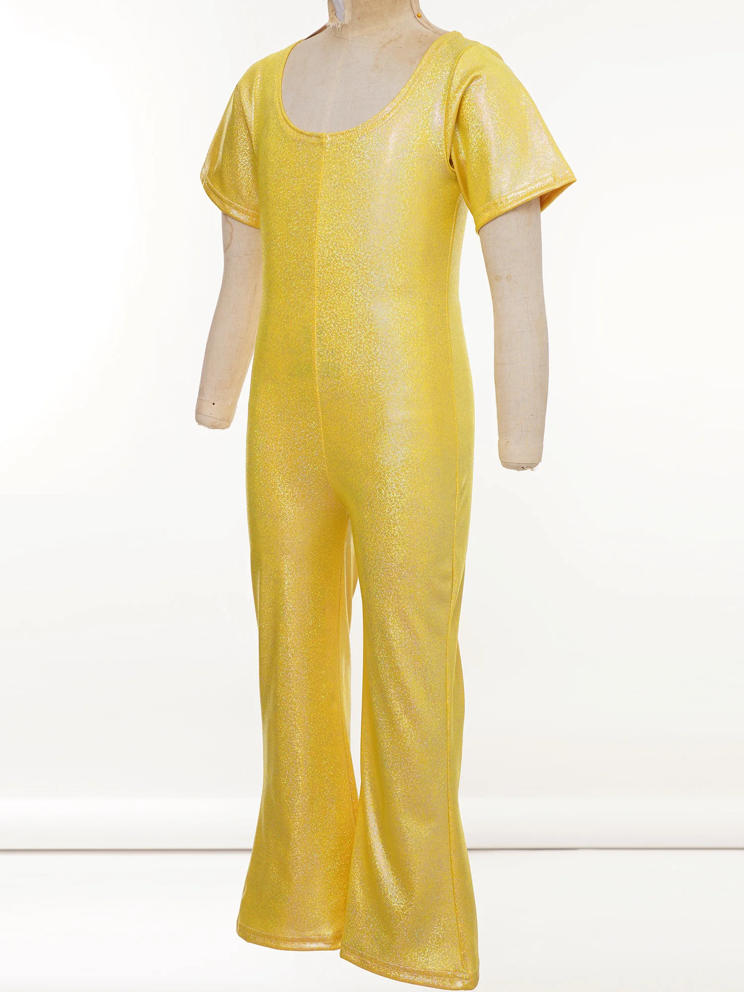 Kinder Meisjes Glitterend Ballet Jazz Dance Jumpsuit Ronde Hals Korte Mouw Klokbodem Bodysuit Podium Performance Kostuum