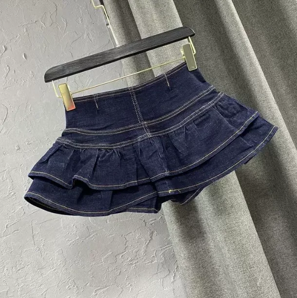 High Waist Single-Breasted Ruffles Cake Denim Skirt for Woman, 2026 Fashion Sexy Cute Mini Skirts, Black Blue