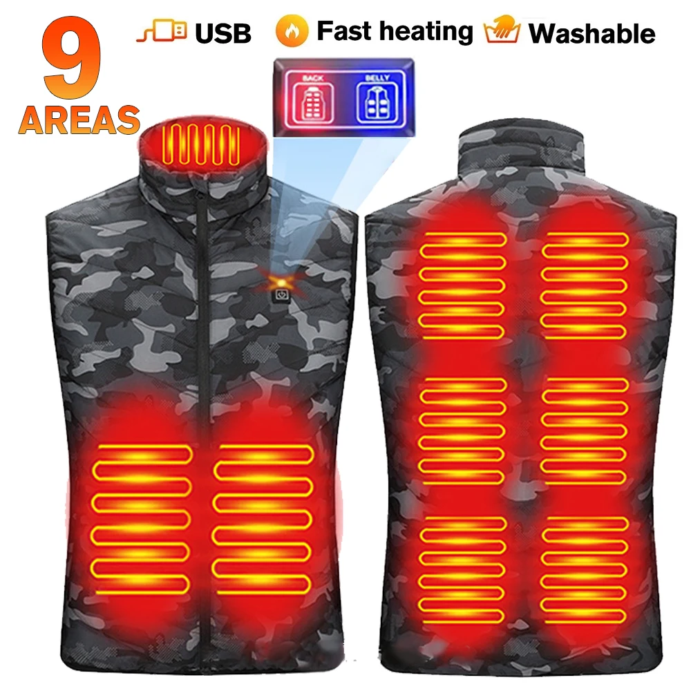 9 Areas Heated Vest Women Sleeveless Waistcoat Heated Jacket Men USB Warm Clothes Winter Outdoor Electric Heating Vest Camping