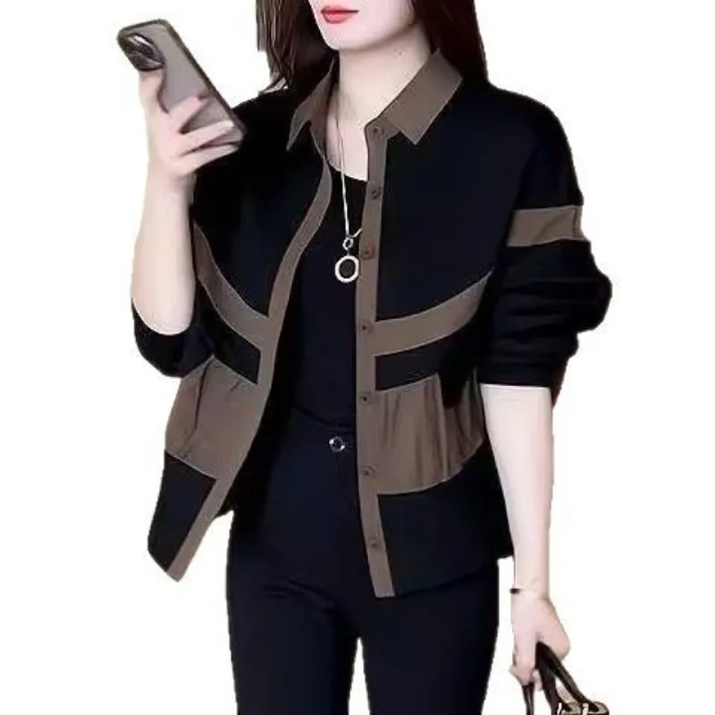 2025 Spring and Autumn New Loose Slim Contrasting Women's Thin Jacket Top Polo Collar Splicing Fashionable Age-reducing Jacket